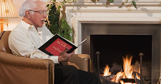 Bernie Sanders Relaxing By Fireplace With First Edition Das Kapital